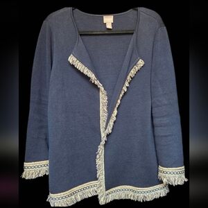Chico's Size 3 Sweater Navy Blue Open Front Fringe Trim Sweater with Gold